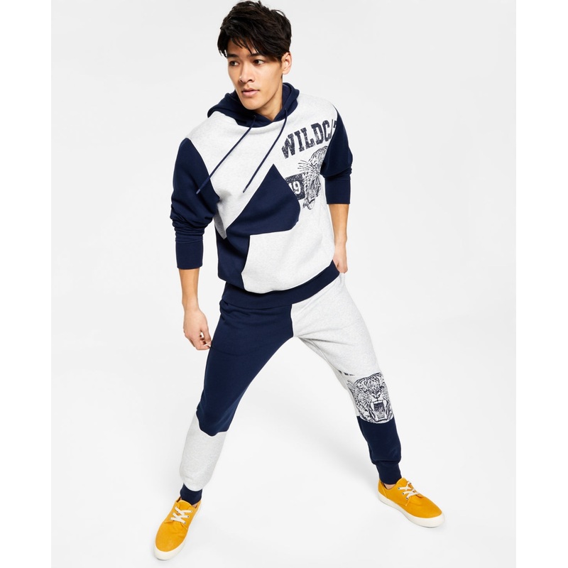 Sun + Stone Men's Varsity Spliced Hoodie Sweatshirt Navy Blue Large