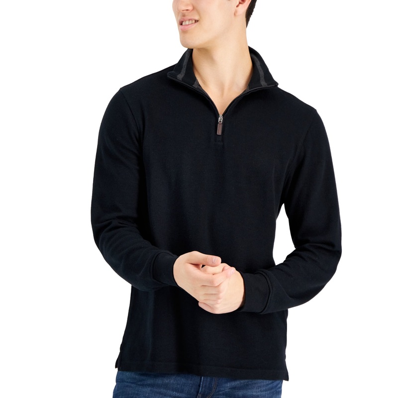 Club Room Men's French Rib Quarter zip Sweater  Deep Black Large