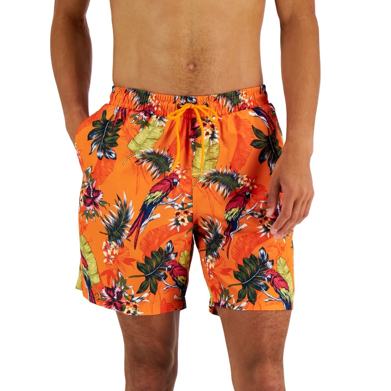 Club Room Men's Tropical Birdprint Swim Shorts Orange Large