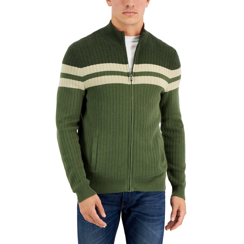 Alfani Men Regularfit Colorblocked Stripe Full zip Cardigan Costa Green Medium