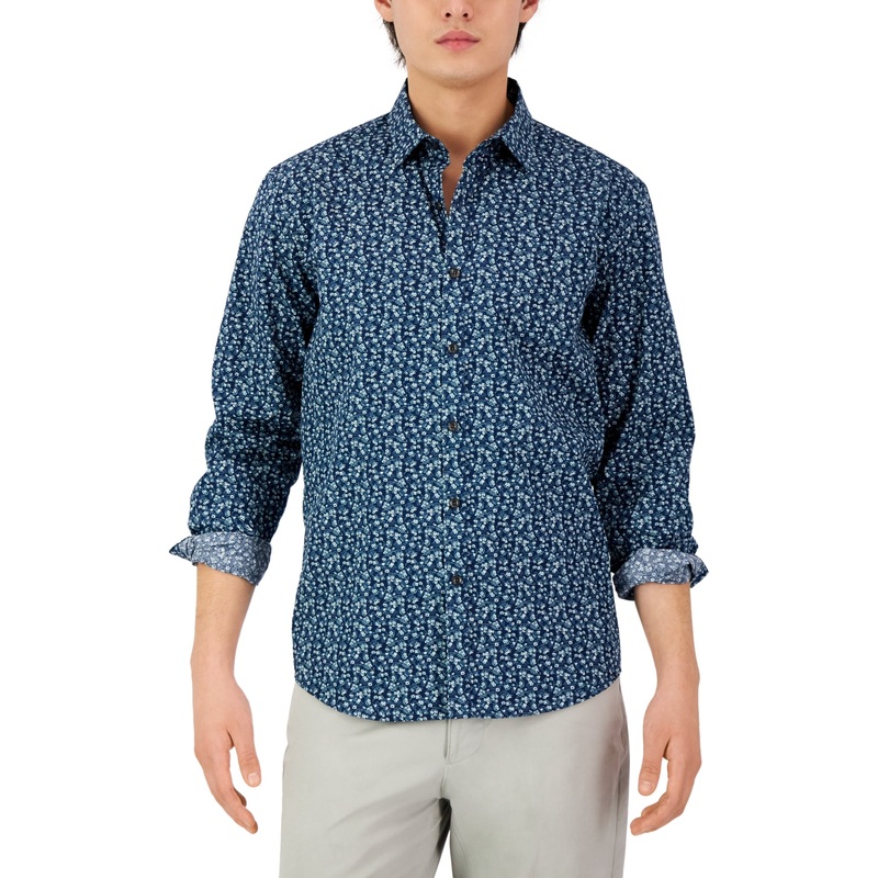 Alfani Men's Long sleeve Floral Print Shirt  Navy Combo  Medium