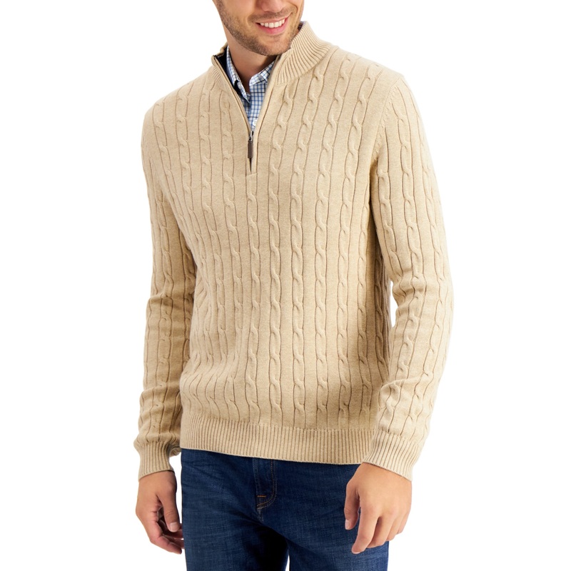 Club Room Cotton Cable Knit Quarter zip Sweater Toast Heather Beige Xl