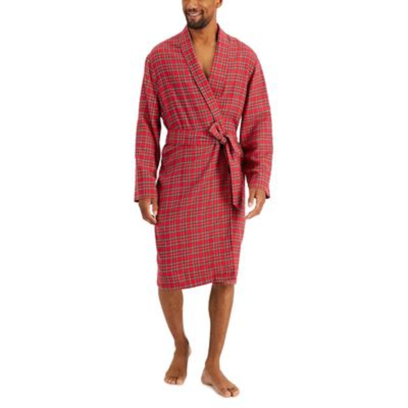 Club Room Men's Plaid Shawl Collar Flannel Robe Dark Red Osfa Reg