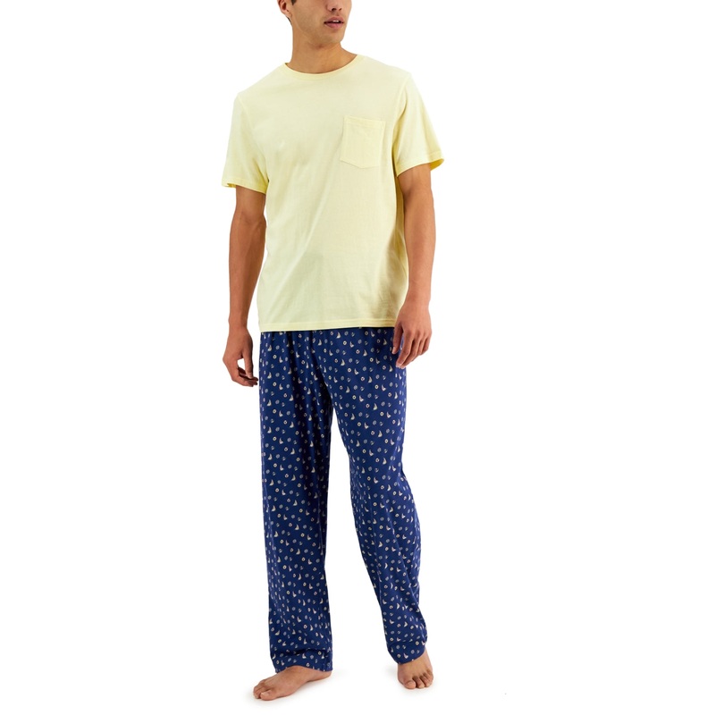 Club Room Mens Two Piece Pajama Sailboat Print Yellow Blue XL