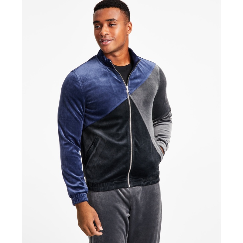 I.N.C. International Concepts Men's Colorblocked Velour Jacket Dark Blue XL