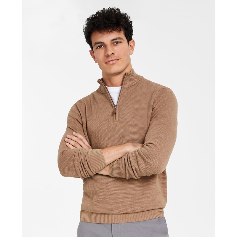 Mens Cotton 1/4 Zip Pullover Sweater Club Room Beige Large Med