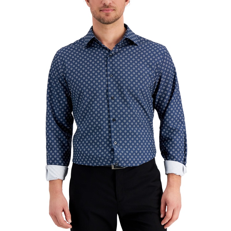 Alfani Men's Slim Fit Geoprint Dress Shirt  Navy White  Size