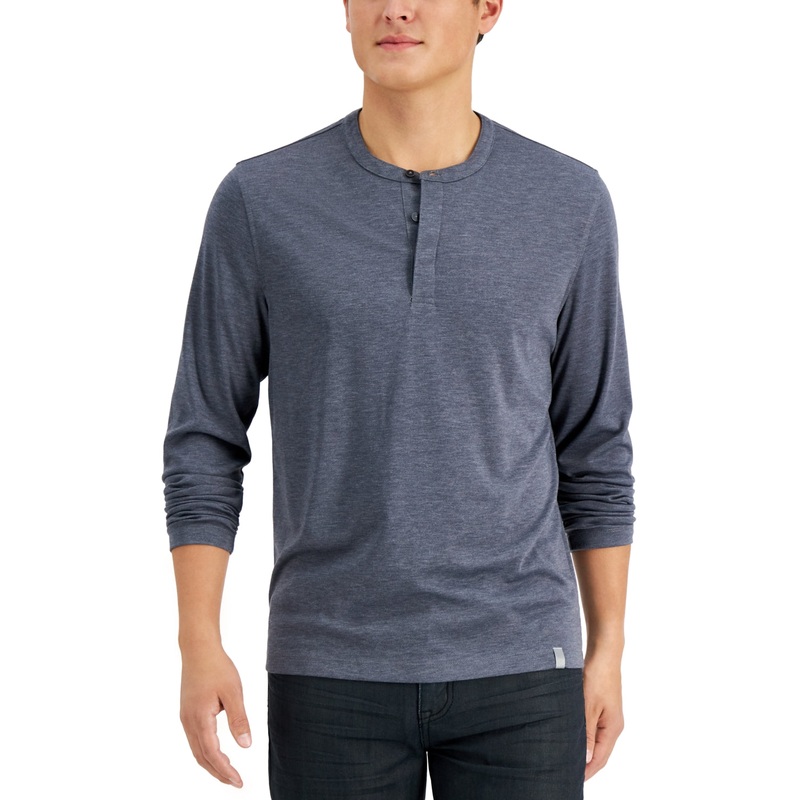 Alfatech Men's Heathered Long Sleeve Henley Shirt  Alfani Dark Gray (Size Large)