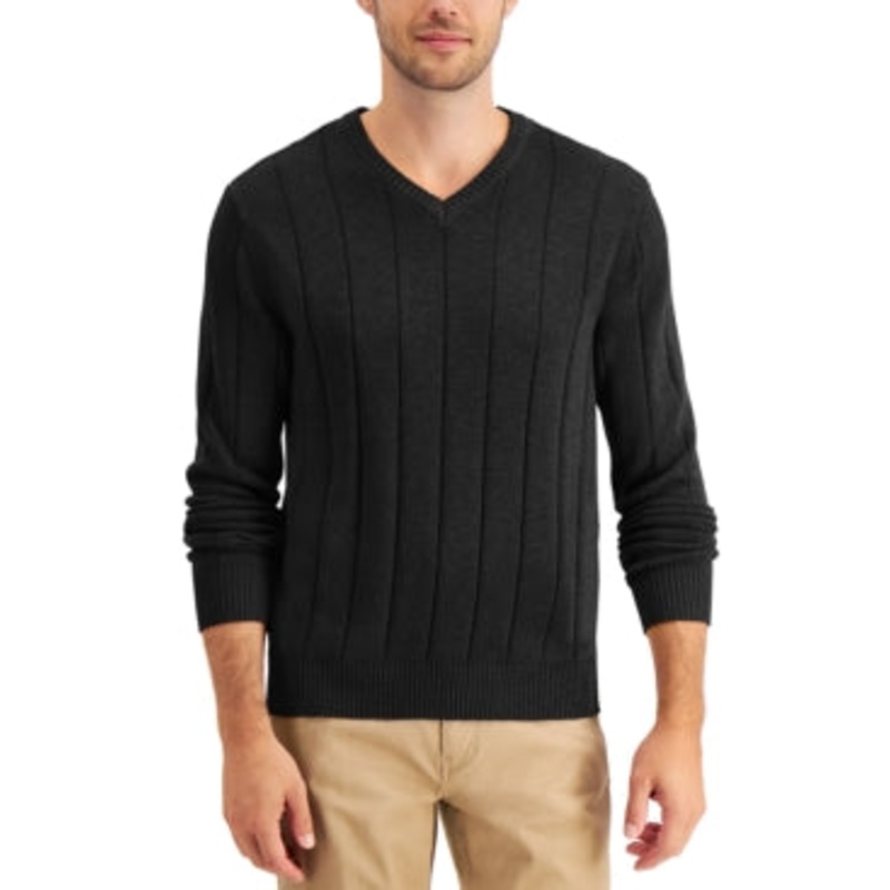 Club Room Men's Dropneedle V neck Cotton Sweater Black Size Medium