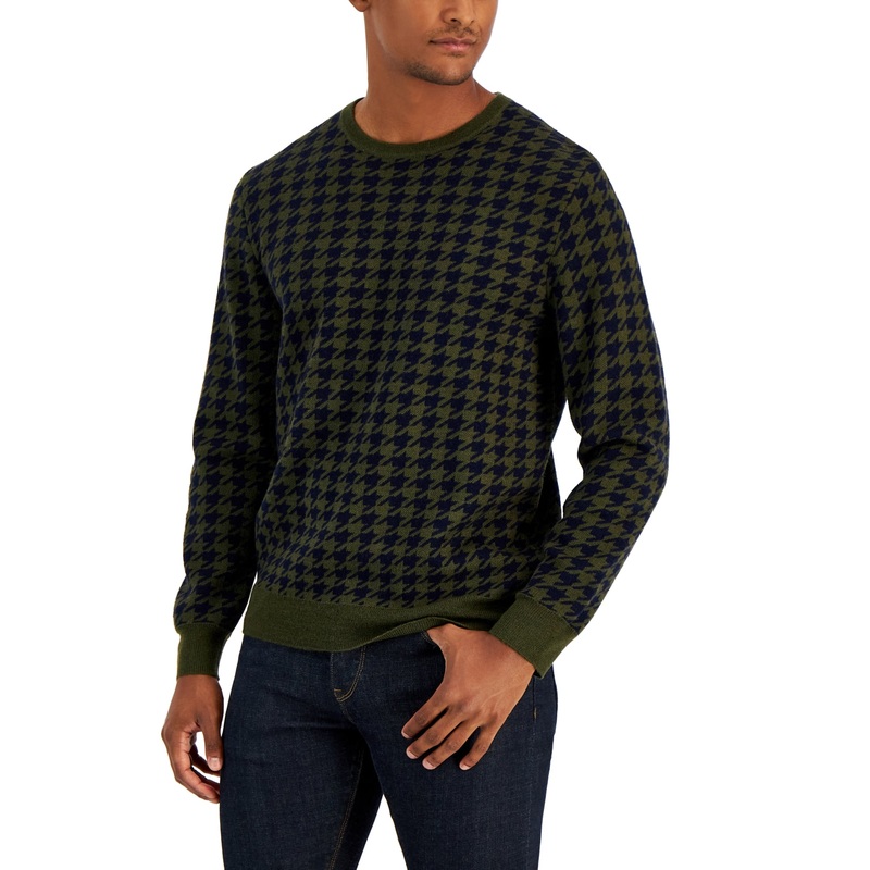 Club Room Men's Merino Houndstooth Crewneck Sweater Green Mist Heather Small