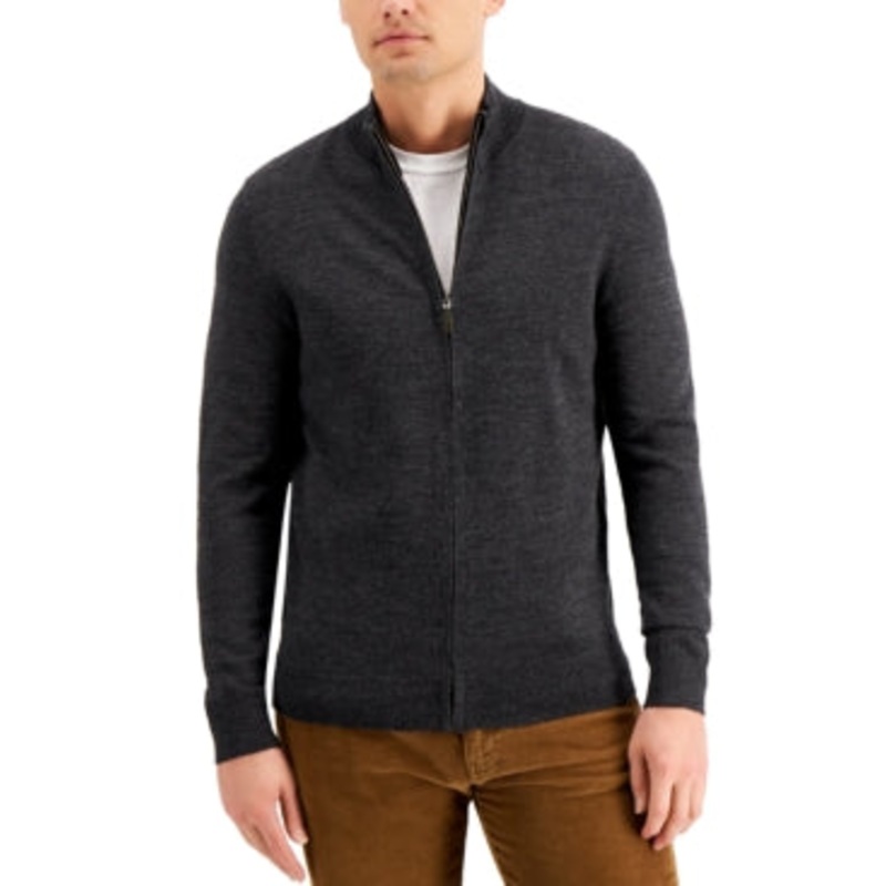 Club Room Men's Merino Zip front Sweater  Dark Grey Large