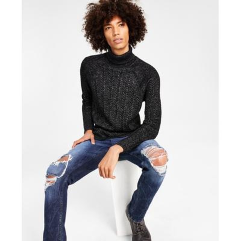 Mens Metallic Cable Knit Turtleneck Pullover Sweater INC Black XL