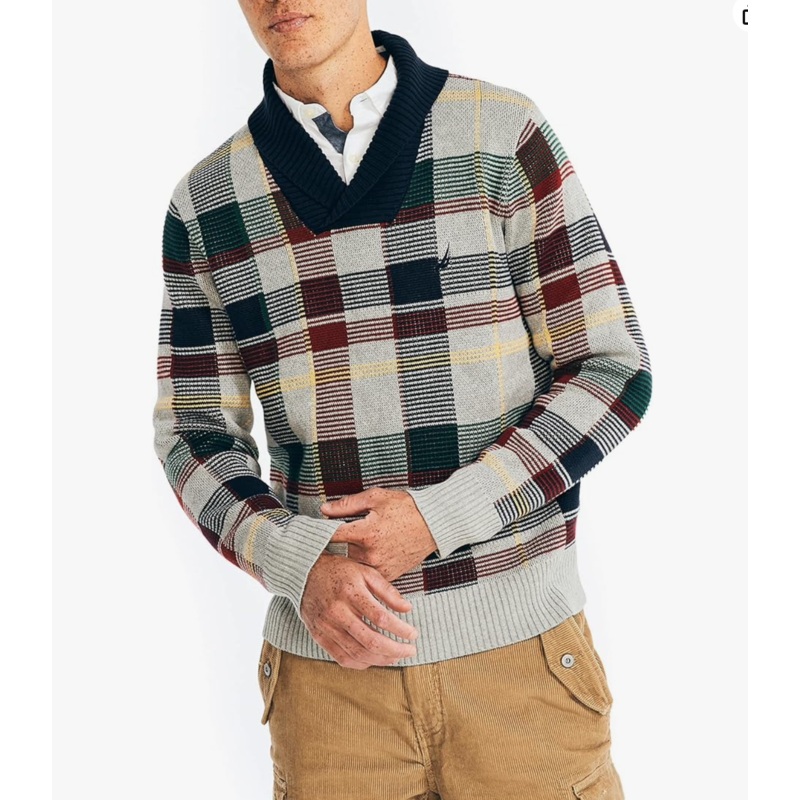 Nautica Mens Shawlneck Plaid Pullover Sweater Grey Blue Medium