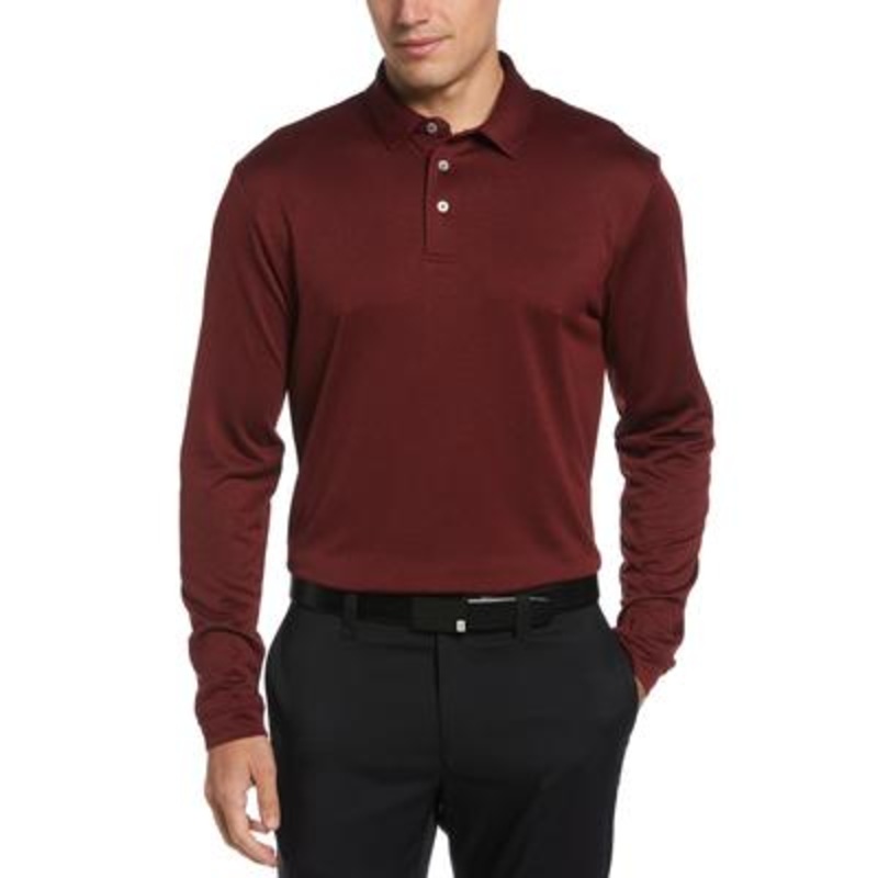 Pga Tour Men's Birdseye Print Longsleeve Polo  Dark Carria Rd Heather  Red Large