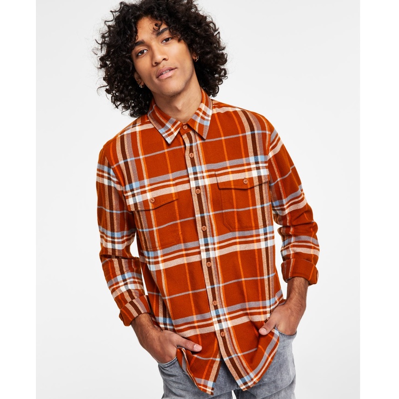 Sun + Stone Men's Paulie Plaid Flannel Shirt  Caramel Cafe Brown Small