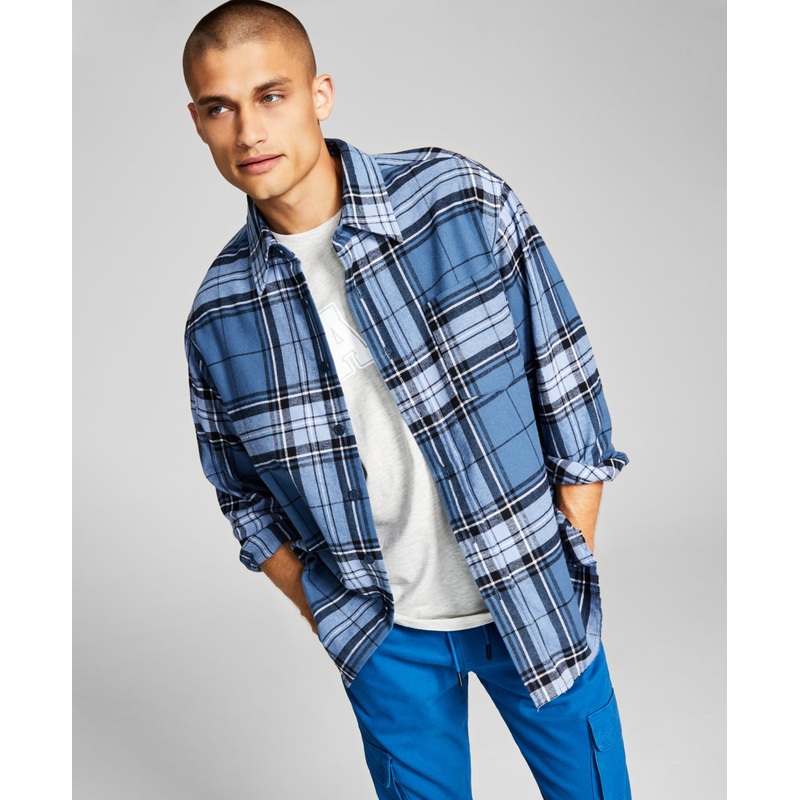 And Now This Men's Flannel Plaid Button down Shirt Blue 2XL