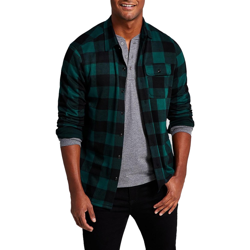 And Now This Men's Plaid Long Sleeve Button down Shirt Dark Green Large