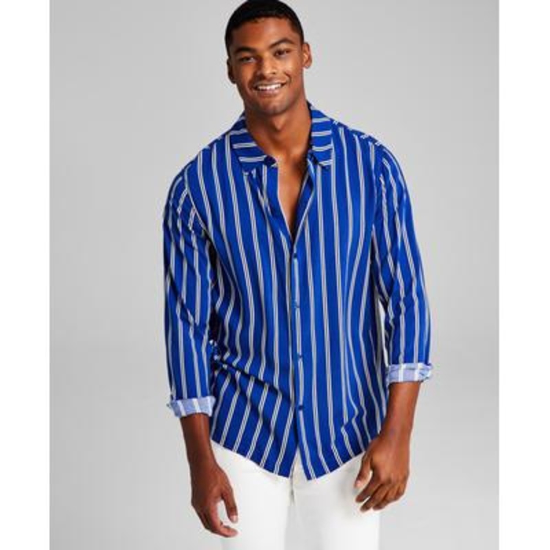 And Now This Men's Striped Collared Button down Shirt Navy Small