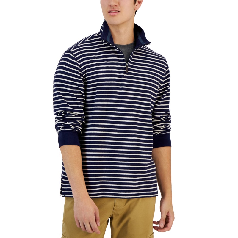 Club Room Men's Classic Fit 3/4 Zip Pullover Sweater Navy Stripe Large