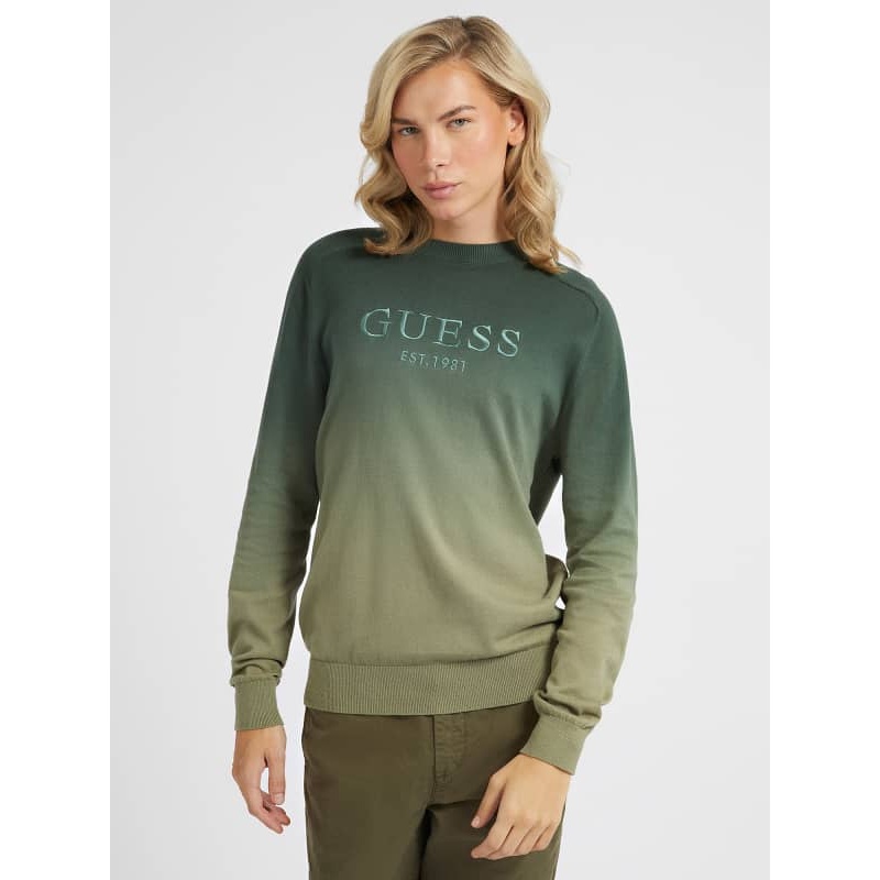 Guess Men's Embroidered Logo Ombre Sweater Medium Green Wool Blend