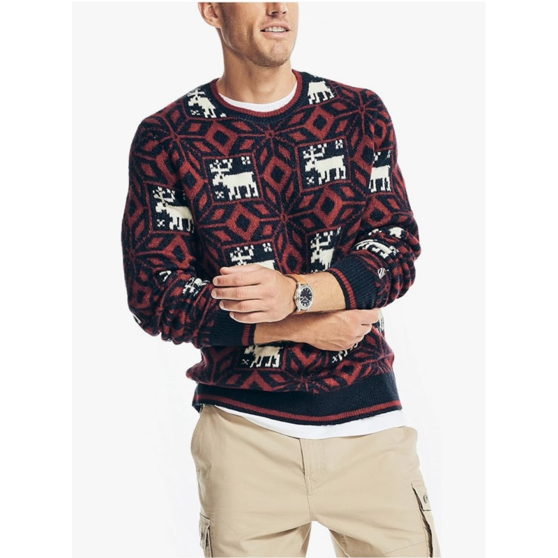 Nautica Men's Print Crewneck Sweater Reissue Red Blue Large