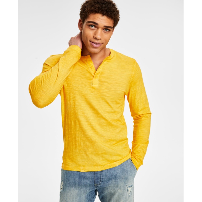 Sun + Stone Men's Longsleeve Henley Washed Yellow Large