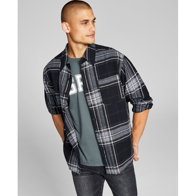 And Now This Men's Flannel Plaid Button down Shirt Black Medium