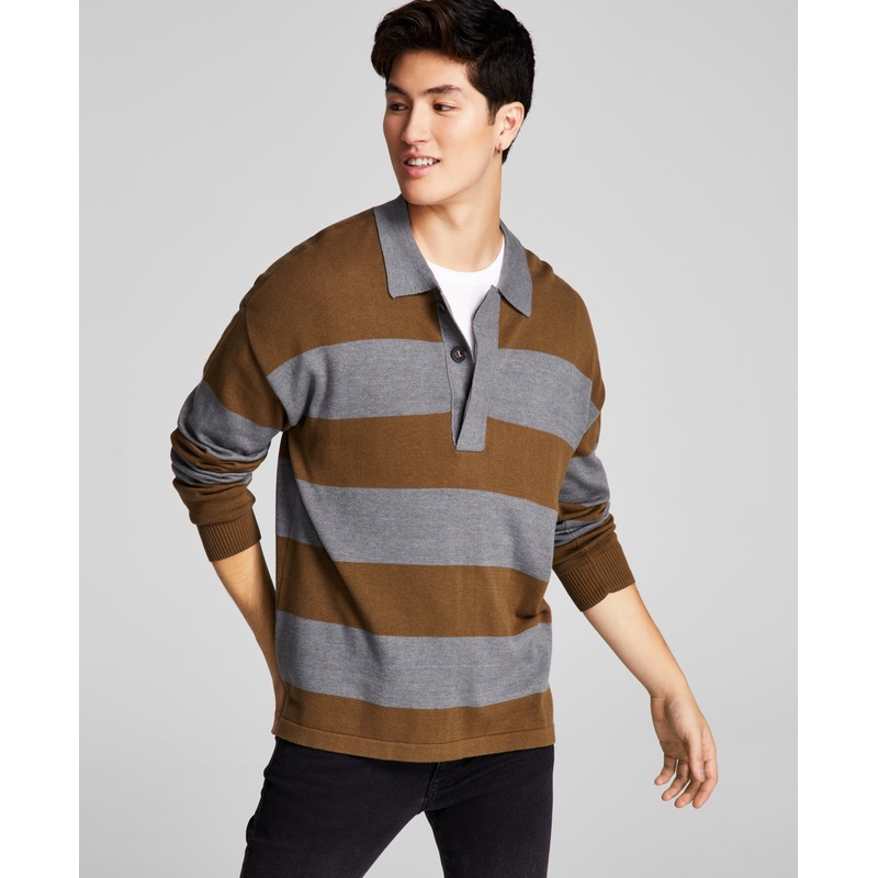 And Now This Men's Striped Rugby Longsleeve Sweater  Olive Green Small