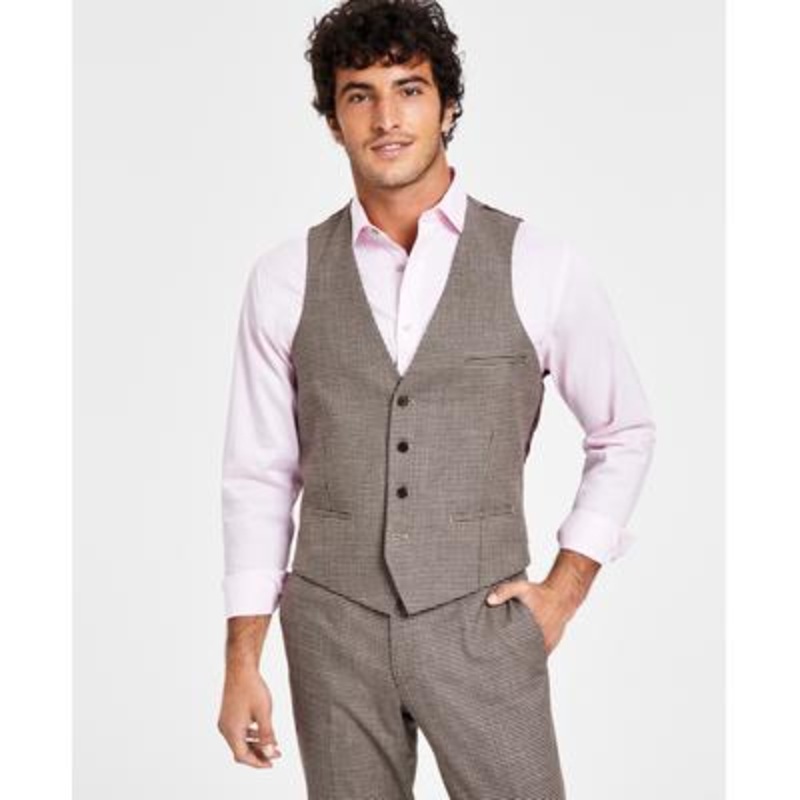 Bar III Mens Slim Fit Check Suit Vest Burgundy Check Small