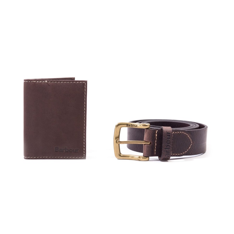 Barbour Men's Leather Belt & Billfold Gift Set Wallet Dark Brown Size Medium