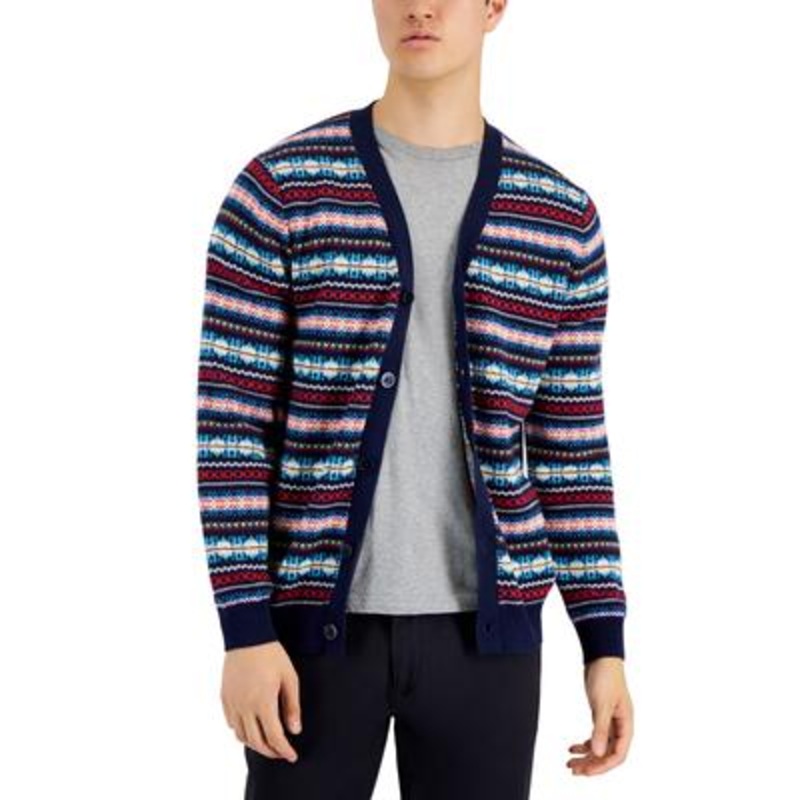 Club Room Fair Isle Cardigan Sweater Medium Navy Bleu