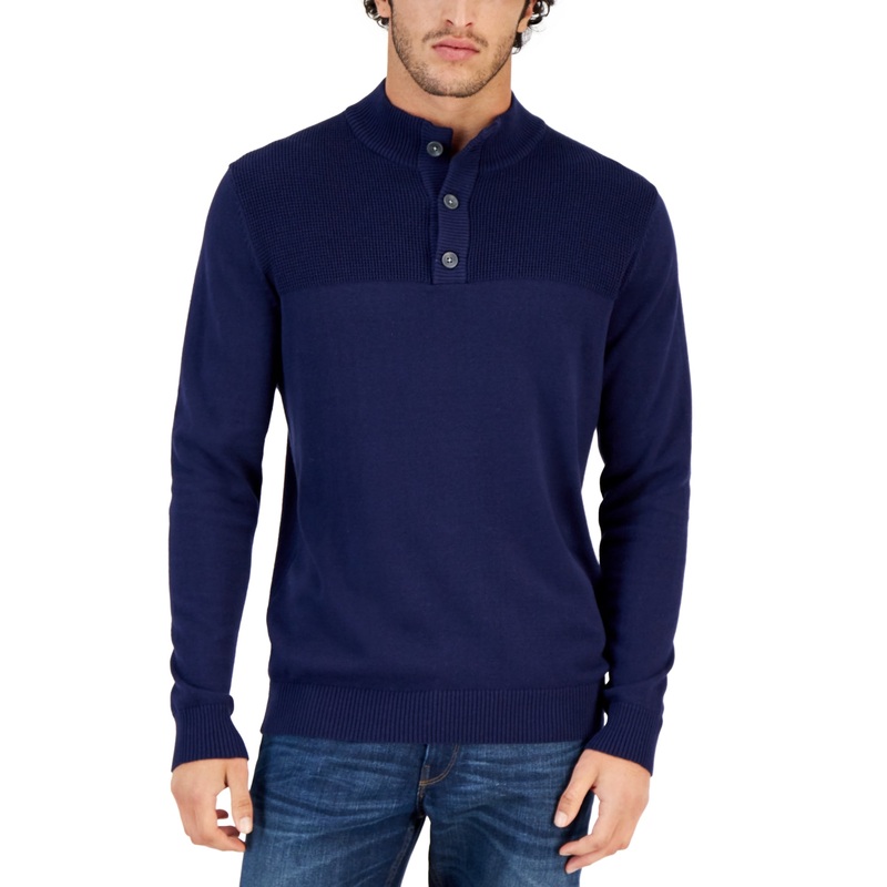Club Room Men's Button Mock Neck Sweater  Navy Blue Large