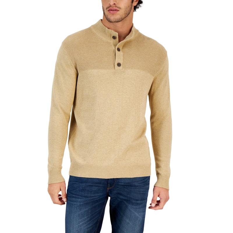 Club Room Men's Button Mock Neck Sweater  Toast Heather  Beige Medium