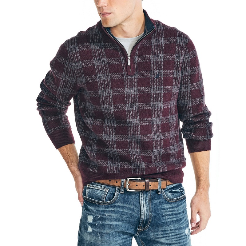 Nautica Men's Xl Red Quarterzip Plaid Sweater