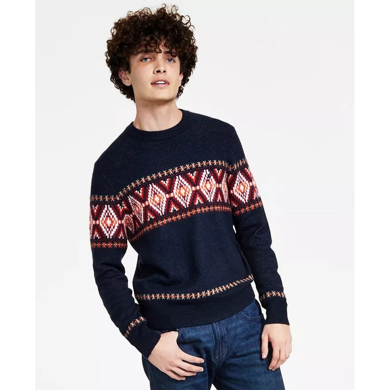 Nautica Mens Fair Isle Crewneck Sweater Dark Navy Blue XXL
