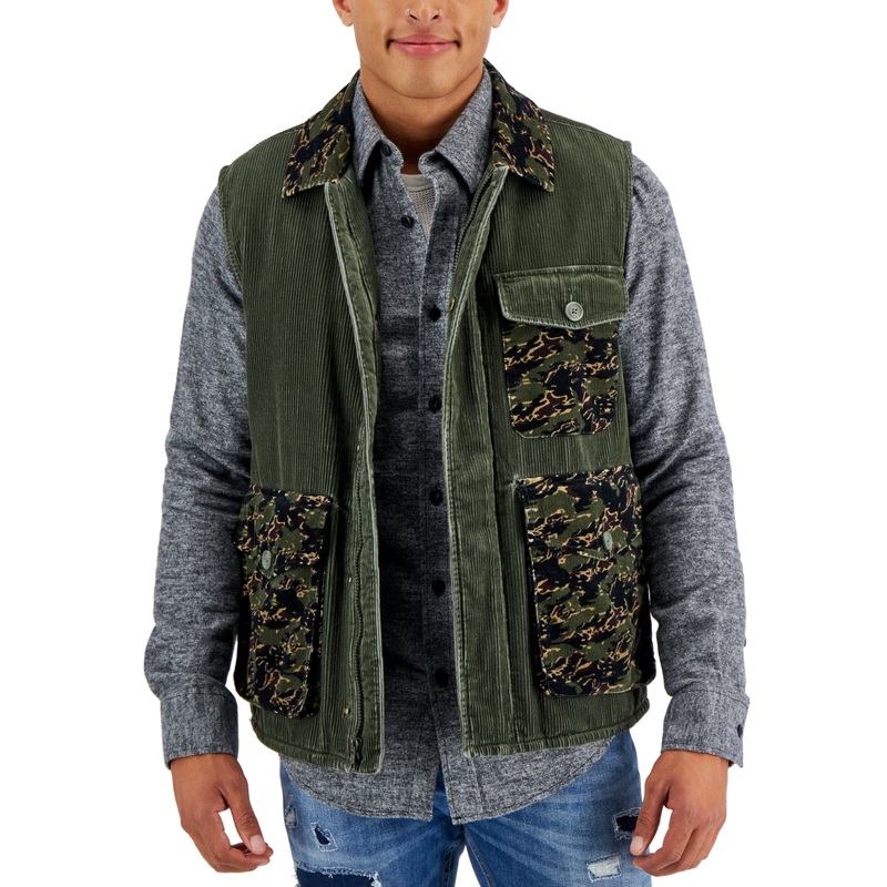 Sun + Stone Men's Dark Green Corduroy Puffer Vest Size Large