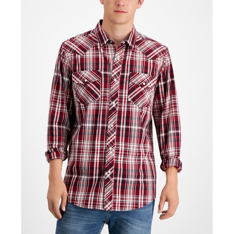 Sun + Stone Men's Remington Plaid Western Button Down Shirt  Red  Small