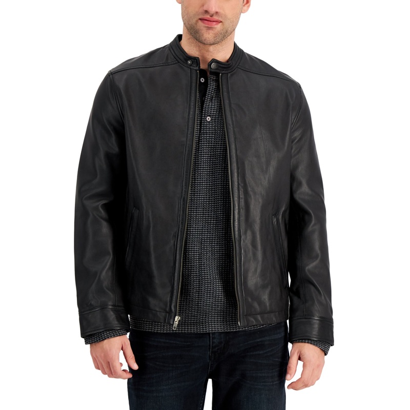 Alfani Men's Pietro Leather Bomber Jacket  Deep Black  Size Large