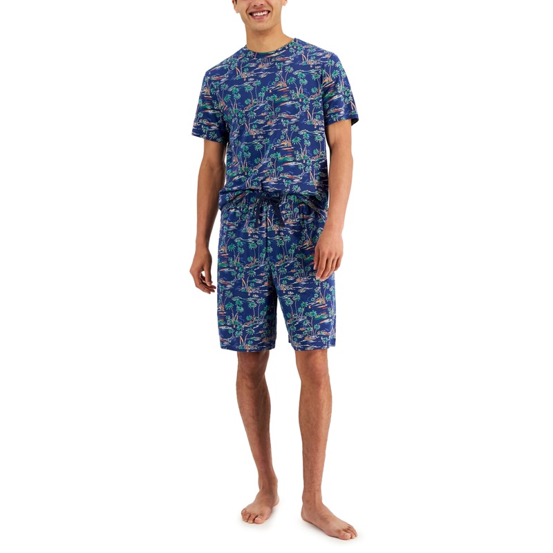 Club Room Men's Island Graphic Tshirt and Shorts Pajama Set Navy Medium