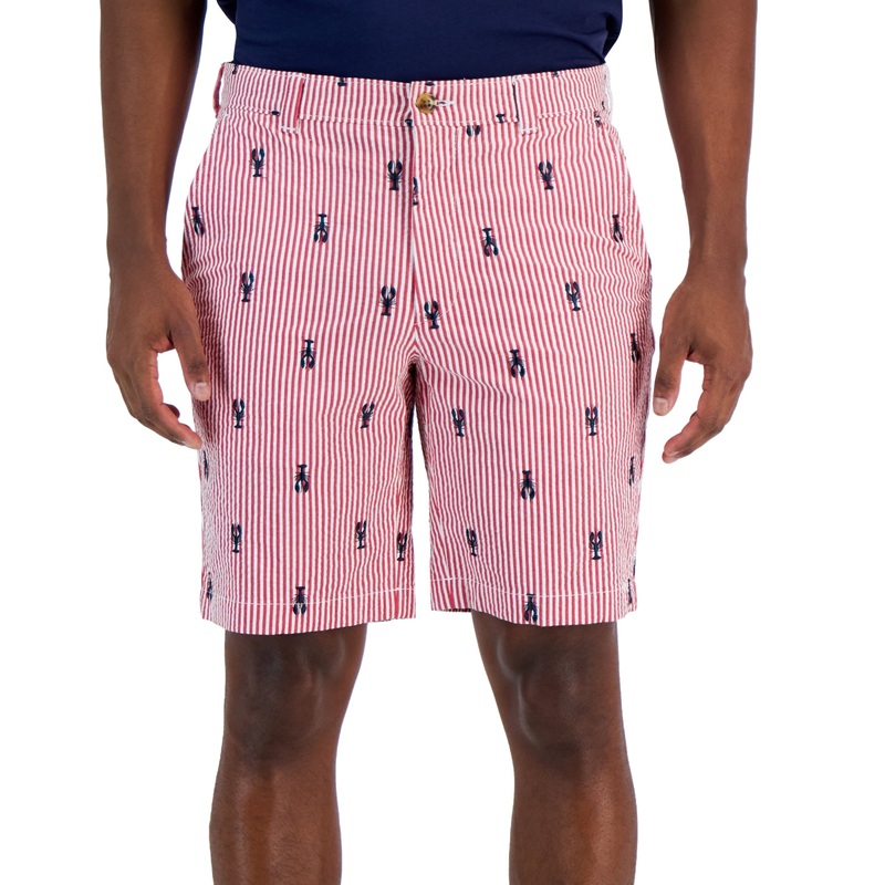 Club Room Men's Lobster embroidered Seersucker Stripe Shorts Red Navy 32 Reg