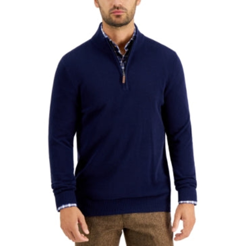 Club Room Men's Quarter Zip Cotton Sweater Dark Blue Small