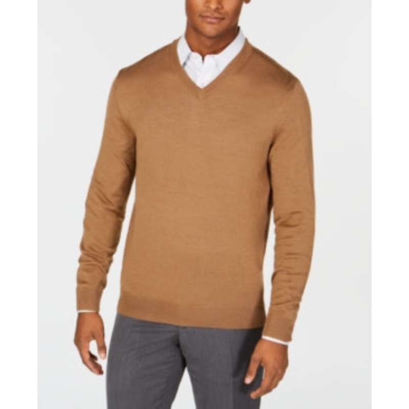 Club Room Men's V-Neck Merino Wool Blend Sweater Fawn Heather BROWN LARGE