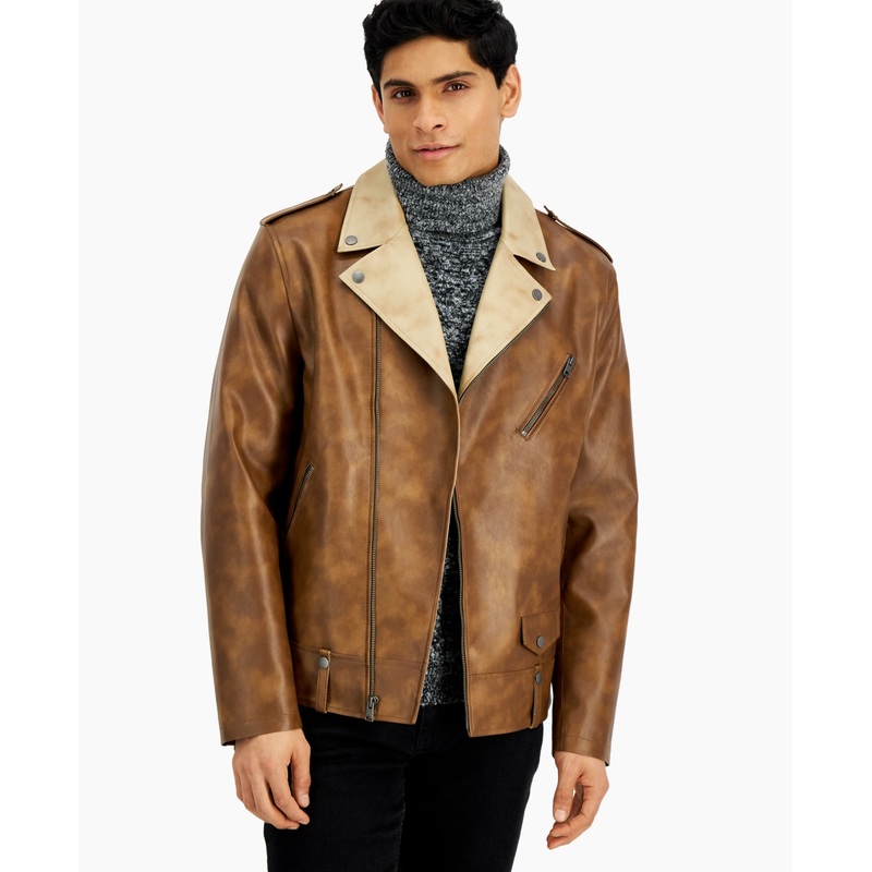 INC International Concepts Men's Bruno Biker Jacket  Pg Brown Large