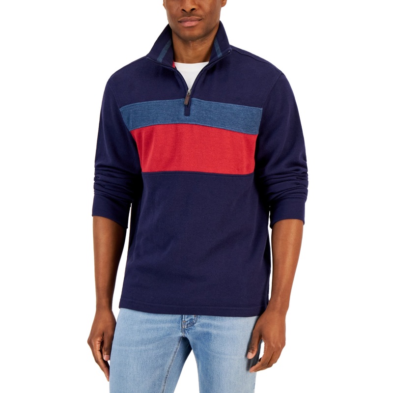 Men's Colorblock Zip Club Room Neck Pullover Sweater  Dark Blue  Size Large