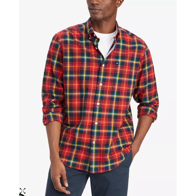 Tommy Hilfiger Men's Plaid Classic fit Twill Buttondown Shirt Red Small