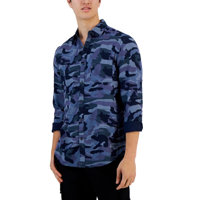 Alfani Men's Camo Print Button Down Shirt Blue Nite Escape Medium