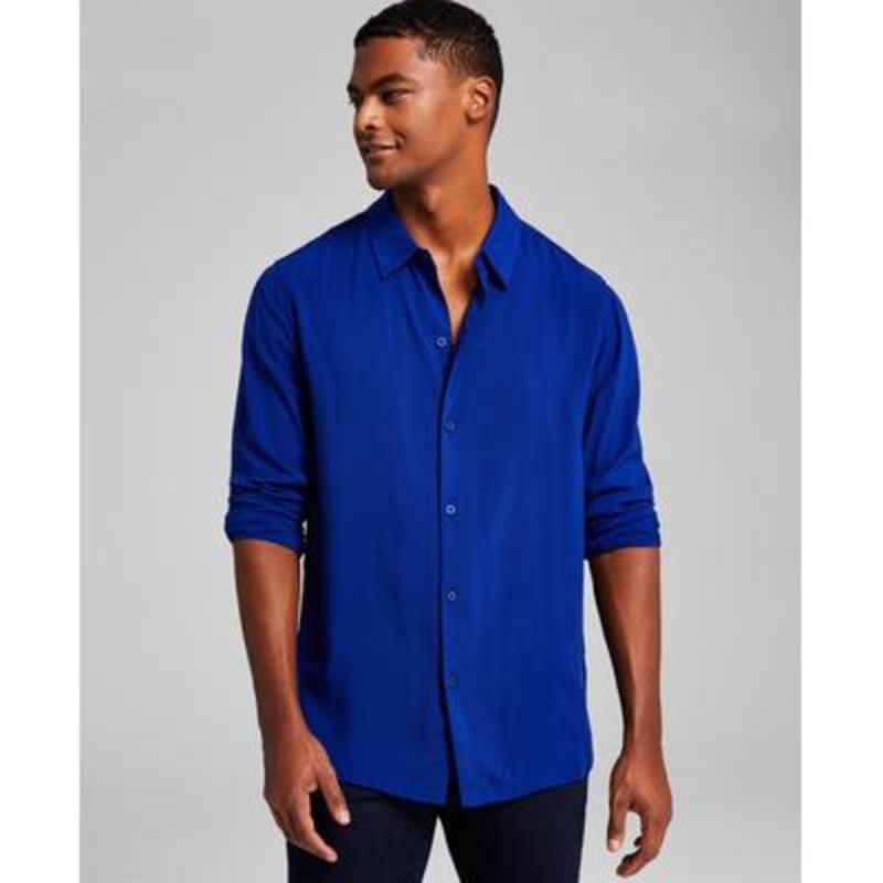 And Now This Men's Collared Long Sleeve Button down Shirt Navy Medium