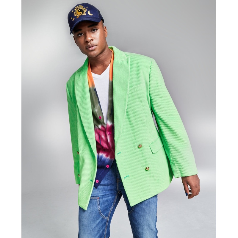 And Now This Mens Corduroy Double-Breasted Blazer Light Green Large