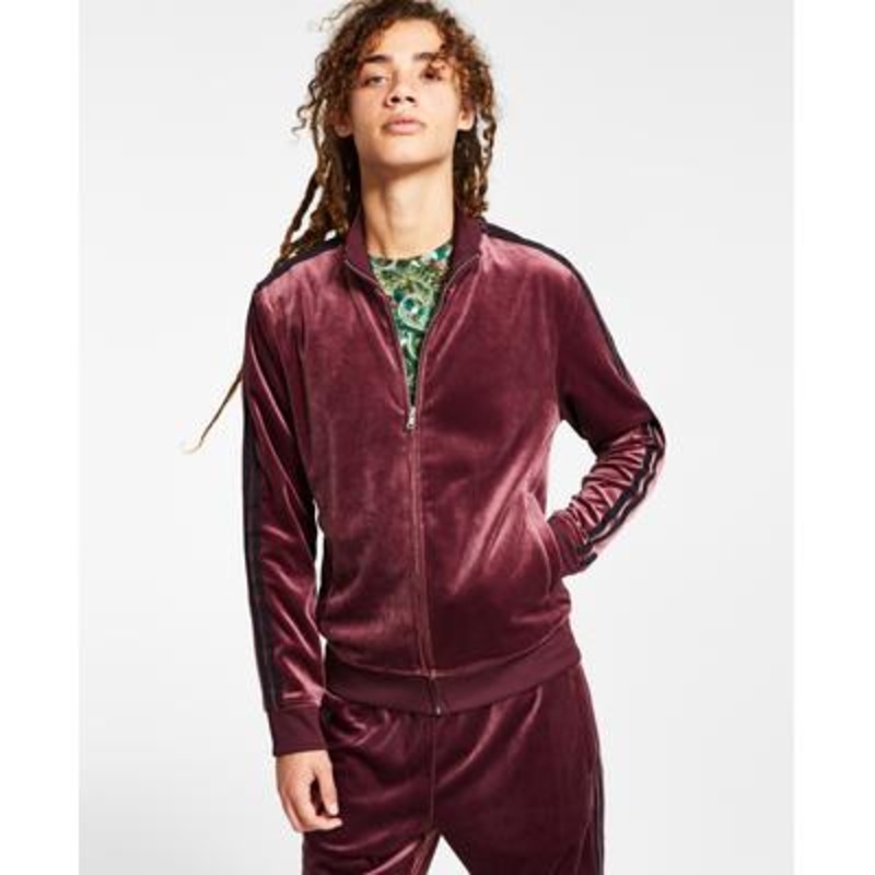 INC International Concepts Mens Velour Sweatshirt Track Jacket Wine Red 2XL