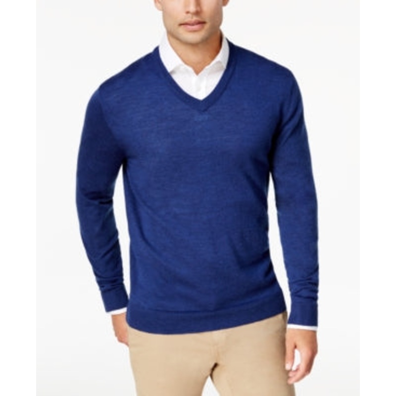 Men's Merino Wool V-Neck Sweater Club Room Blue XXL